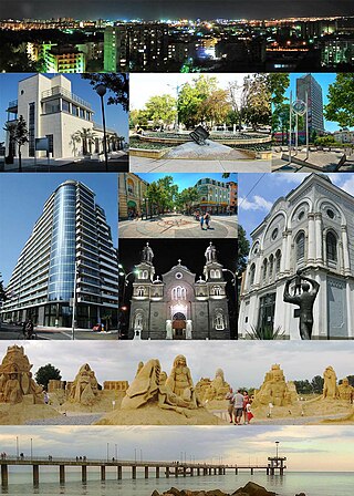 Top:View of Slaveikov district in Night, 2nd left:Marine Casino Center in Burgas Sea Garden, 2nd middle:A fountain in Tsaritsa Ioanna Square, 2nd right:View of Clock in Transportana shopping area, 3rd left:Panteona Complex Building, 3rd upper middle:Bogorids Street, 3rd lower middle:St.Cyril and Methodius Cathedral, 3rd right:Burgas Art Gallery, 4th:View of Burgas Sand Sculptures event in Sea Garden, Bottom:The Pier at the Burgas Central Beach