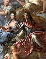 Guillermo III de Inglaterra y Maria II reciben la rama de olico de la paz. Pintura de James Thornhill, c.1700, Old Royal Naval College, Greenwich