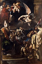 St William Receiving the Monastic Habit (1620, oil on canvas, 348.5 × 231 cm, Pinacoteca Nazionale di Bologna, Italy),[37] painted for St Gregory Church in Bologna, was Guercino's largest ecclesiastical commission at the time and is considered a high point of his early career.[7]