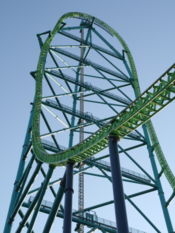 View from the ground up the 456-foot-tall structure of Kingda Ka