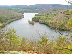 Lake McDonough reservoir as seen from the Tunxis Trail Overlook Spur trail.