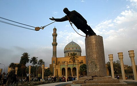 The statue of Iraqi dictator Saddam Hussein replaced the first Monument to the Unknown Soldier (1959) was removed by Iraqi protesters and US soldiers in 2003