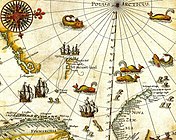 Spitsbergen/Svalbard, here mapped for the first time, is indicated as "Het Nieuwe Land" (Dutch for "the New Land"), center-left. Portion of 1599 map of Arctic exploration by Willem Barentsz