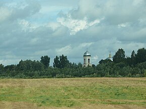 Колокольня и купол церкви Вознесения Господня. Вид с автодороги Великий Новгород—Луга