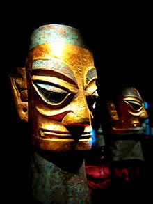 Sanxingdui bronze heads with gold foil