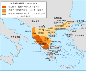 巴爾幹半島地圖，其中包括伊庇魯斯專制國原本核心地區，以及以不同深淺的橙色標示的所征服的領土