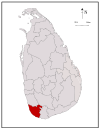 Area map of Galle District, converging inwards from the south west coast, in the Southern Province of Sri Lanka