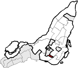 Location of Montréal-Ouest on the Island of Montréal. (Grey areas indicate demerged municipalities).