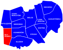 The location of the neighbourhood of Służewiec in the district of Mokotów, in accordance to the Municipal Information System.