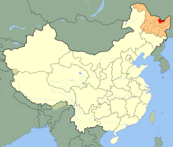 Hegang (red) in Heilongjiang province (orange) and China