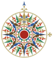 Highly ornate compass rose, with fleur-de-lis as north mark and cross patée as east mark, from the Cantino planisphere (1502)