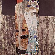 Las tres edades de la mujer, 1905, el pintor modernista Gustav Klimt retoma aquí este tema popular en el Renacimiento nórdico; Galería Nacional de Arte Moderno de Roma.