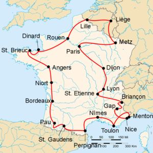 Route of the 1950 Tour de France followed counterclockwise, starting and finishing in Paris