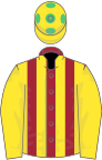 MAROON and YELLOW STRIPES, yellow sleeves, yellow cap, emerald green spots