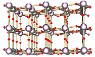 Ball and stick model of layered crystal structure containing two types of atoms.