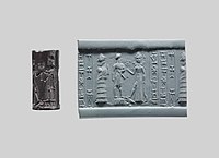 Cylinder seal showing the representation of a devotee (center) by goddess Lamma (left), to Ishtar (right). Babylonian, ca. 18th–17th century BC, Metropolitan Museum of Art