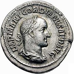 Grey coin depicting Gordian II