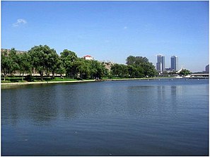 Xuanwu Lake, with the city skyline and Nanking's City Wall in the distance