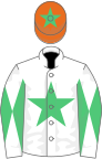 White, emerald green star, diabolo on sleeves, orange cap, green star