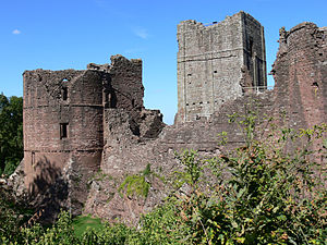 A ruined castle, with a circular keep on the left of the picture, a partially collapsed wall in the middle and another tower just visible on the right; in the background is a square keep, in the foreground green plants and vegetation.