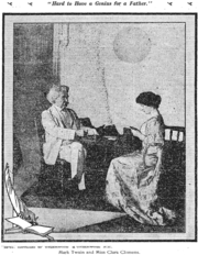 Newspaper clipping of Twain on the left and his daughter Clara on the right. Both are sitting in wooden chairs at a table. Clara is looking down at an object held close in her hands. Twain is working on papers on the table.