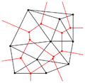 Connecting the centers of the circumcicles the Voronoi diagram is produced (in red).