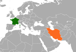 Map indicating locations of France and Iran