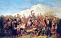 Pedro I de Brasil rodeado por una multitud tras dar las noticias de la independencia brasileña en 1822.