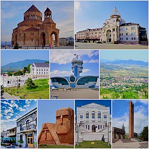 左上起： 诞神女主教座堂（英语：Holy Mother of God Cathedral, Stepanakert） 复兴广场（英语：Renaissance Square, Stepanakert） • 市中心 斯捷潘纳克特机场 • 天际线 阿尔察赫公园酒店  • “我们是我们的山”雕塑 阿尔察赫大学  • 斯捷潘纳克特纪念碑（英语：Stepanakert Memorial）