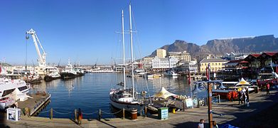 Panoramic view across the Victoria Basin at the Victoria & Alfred Waterfront, with Table Mountain in the background