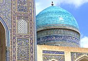 A view of intricate tile-work on the Mir-i-Arab Madrasa in Bukhara, Uzbekistan (Persian style)