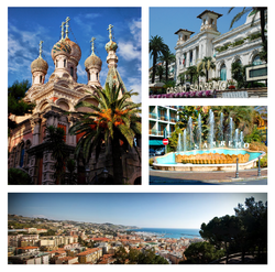 Above: Sanremo Russian style Orthodox Church, Sanremo Casino, Zampillo Fountain, (Fontana dello Zampillo) (left to below right) Bottom: Panoramic view of downtown Sanremo, Portosole yacht harbour and Ligurian Sea