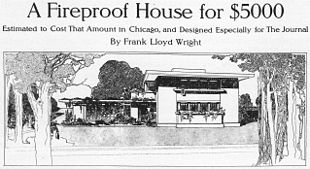 Wright's proposed Concrete House with a trellised side pergola, published in Ladies' Home Journal in 1907, was clearly derived from the Lamp House.