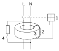 1: Electromagnet with help electronics 2: Current transformer secondary winding 3: Transformer core 4: Test push-button L: Line conductor N: Neutral conductor