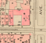 A 1927 map showing George F. Baker Jr.'s additions at 69 East 9rd St. and 1190 Park Avenue, under construction in 1927. They were completed in 1929. The number of stories shown (four) was inaccurate and corrected on later editions of the atlas.