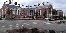 Historic county courthouse (left) at intersection of Main and Dunlap streets