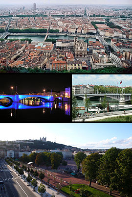 Top, Lyon, with the old city in the foreground. Centre, the Pont Bonaparte, at night, and the Pont Lafayette. Bottom, the Place Bellecour, with the Basilique de Notre-Dame de Fourvière and the Tour Metal in the background.