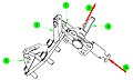 The petals are locked in place for launch by a pin (1) inserted through a fitting (2) on the M/D Center Section clevis (3). Release is effected by a T-handle (4), which is pulled (5) away from the ACBM. It can be re-locked by pushing (6) the pin back into the fitting.[6]