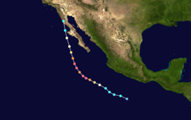 Map plotting the track and the intensity of the storm, according to the Saffir–Simpson scale