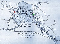 Routes from Seattle. Similar routes were used a few years before to Dawson (green). Map from 1901