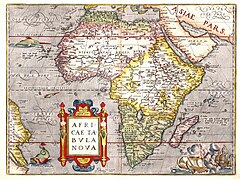 En 1570, en este mapa holandés, el Níger está confundido con el Senegal. El río Real desemboca en el golfo de Benín.