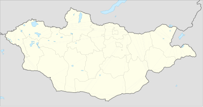 Map of Mongolia with the locations of the home grounds of the 2014 Mongolia Premier League teams highlighted