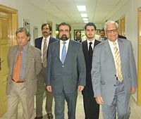 During the ceremony of opening of station ATROPATENA-Pk: RTL: Dr. Ishfag Ahmad – State Adviser of Planning Committee of Pakistan in status of Federal Minister, President of Pakistan Academy of Sciences; Prof. Dr. Elchin Khalilov – President of GNFE; Prof. Dr. M.Qasim Jan – Secretary General of Pakistan Academy of Sciences, Rector of Quaid-i-Azam University (Islamabad). (Islamabad, February, 2009).