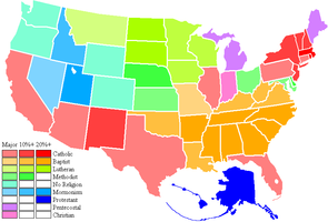 Religious affiliation within each state that has the largest deviation compared to the national average, 2001.