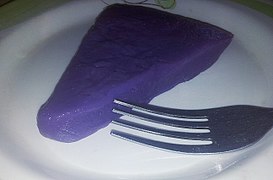 Ube halaya is a Philippine dessert made from boiled and mashed purple yam.