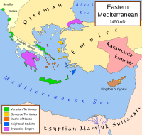 A map centered on Greece and Turkey in 1450 AD. The Byzantine Empire holds only Southern Greece and northwestern Turkey