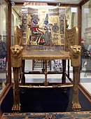 The Throne of Tutankhamun; 1336–1327; wood covered with sheets of gold, silver, semi-precious and other stones, faience, glass and bronze; height: 1 m (3 ft 5 in); Egyptian Museum (Cairo)