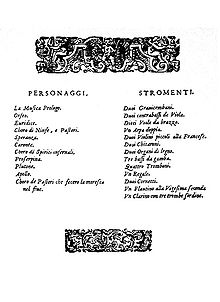 A decorated page showing two lists, respectively headed «Personaggi» (a list of characters) and «Stromenti»