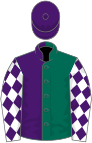 Dark green and purple (halved), white sleeves, purple diamonds, purple cap