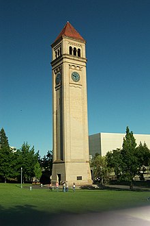 The Great Northern clock tower used to be part of a railway depot before Expo '74. The location of the former depot's roofline can be seen where the brick changes color.